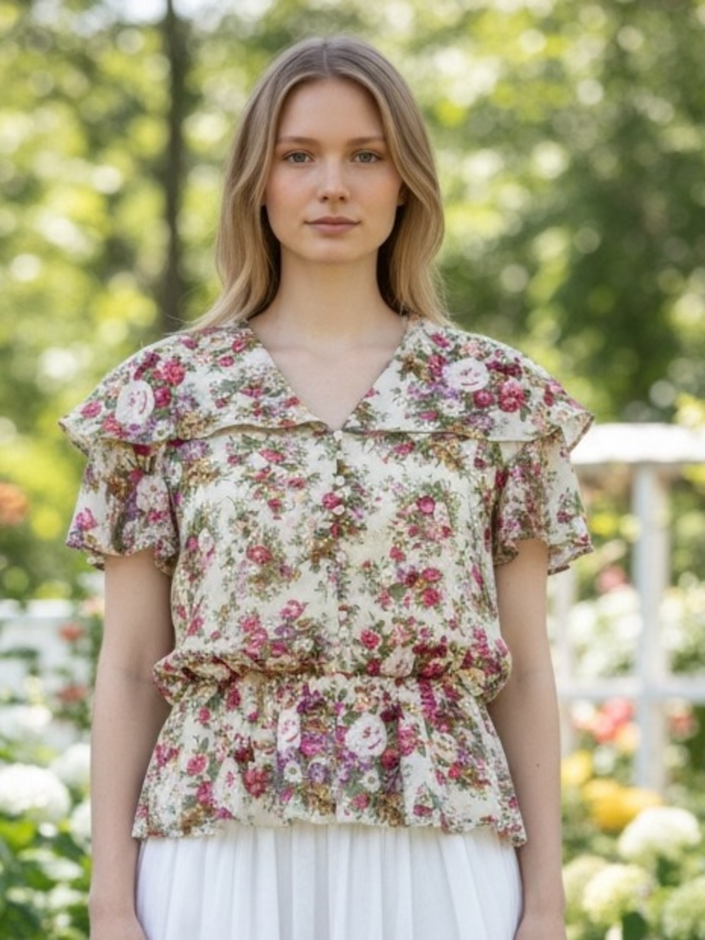 Liz Petites Cream Floral Cottagecore Button Blouse Victorian Sz 4P